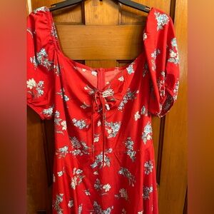 Red Floral Puff Sleeve Knee Length or Midi Dress—Either Never Worn Once